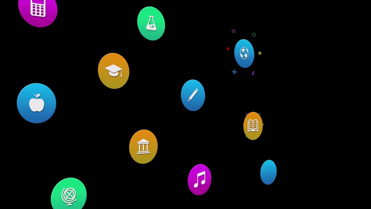 Animation of colorful icons on black background