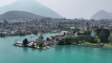lakeside town of spiez town lake thun switzerland drone, aerial