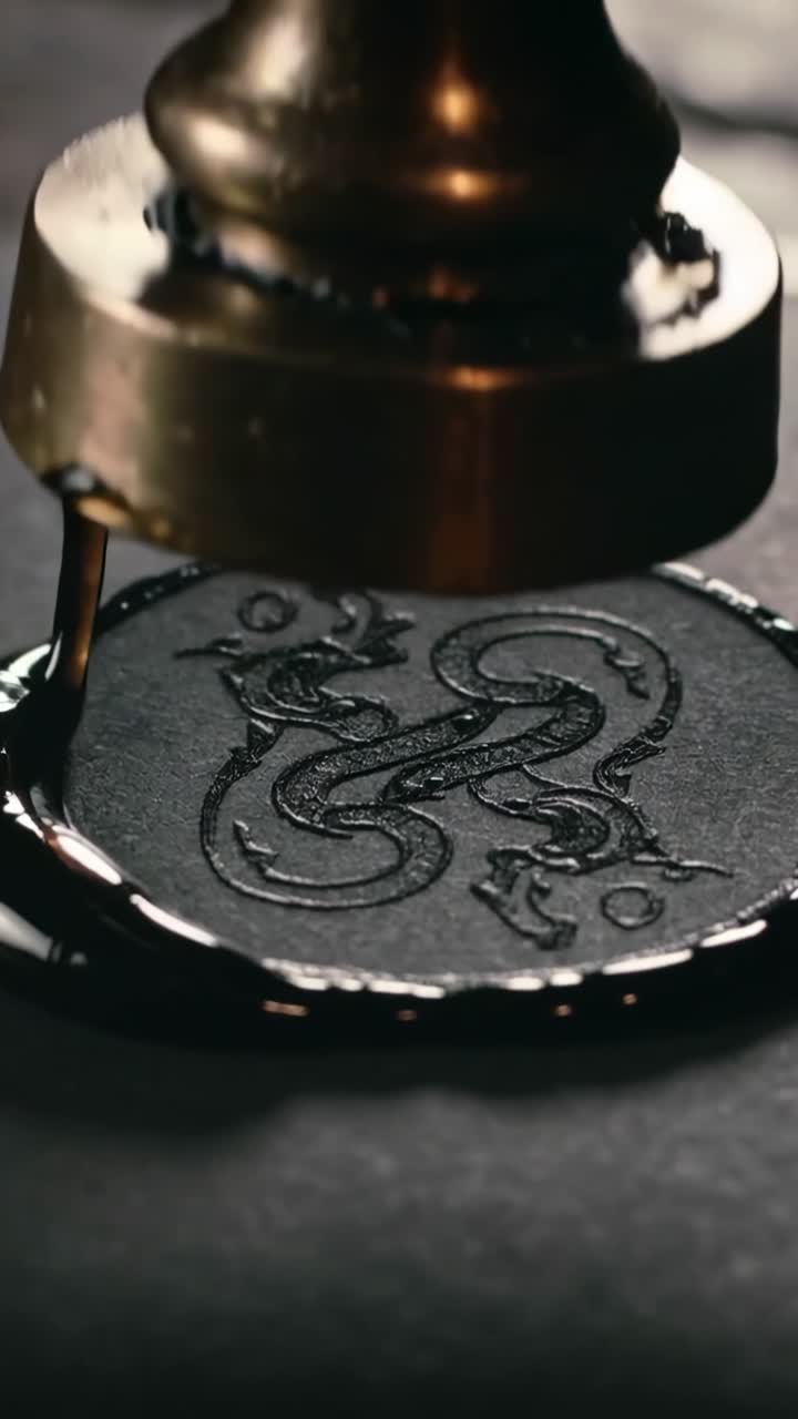 Video verticale: Premere un timbro di bronzo nella cera calda che si raccoglie su un cartoncino scuro sulla scrivania, creando un sigillo lucido.