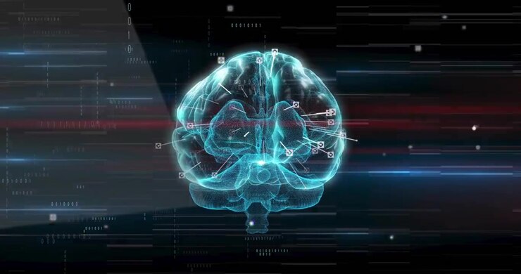 Cyan brain appearing on feed start, rotating, nodes pulsing, scan sweeping for diagnostics