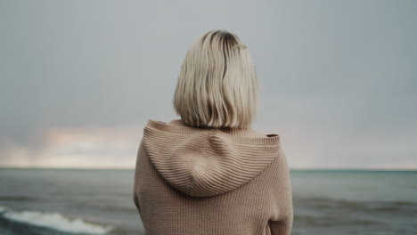 Eine-Frau-Bewundert-Den-Ozean,-Wo-Goroze-Wolken-Mit-Dem-Wasser-Am-Horizont-Verschmelzen.-Rückansicht