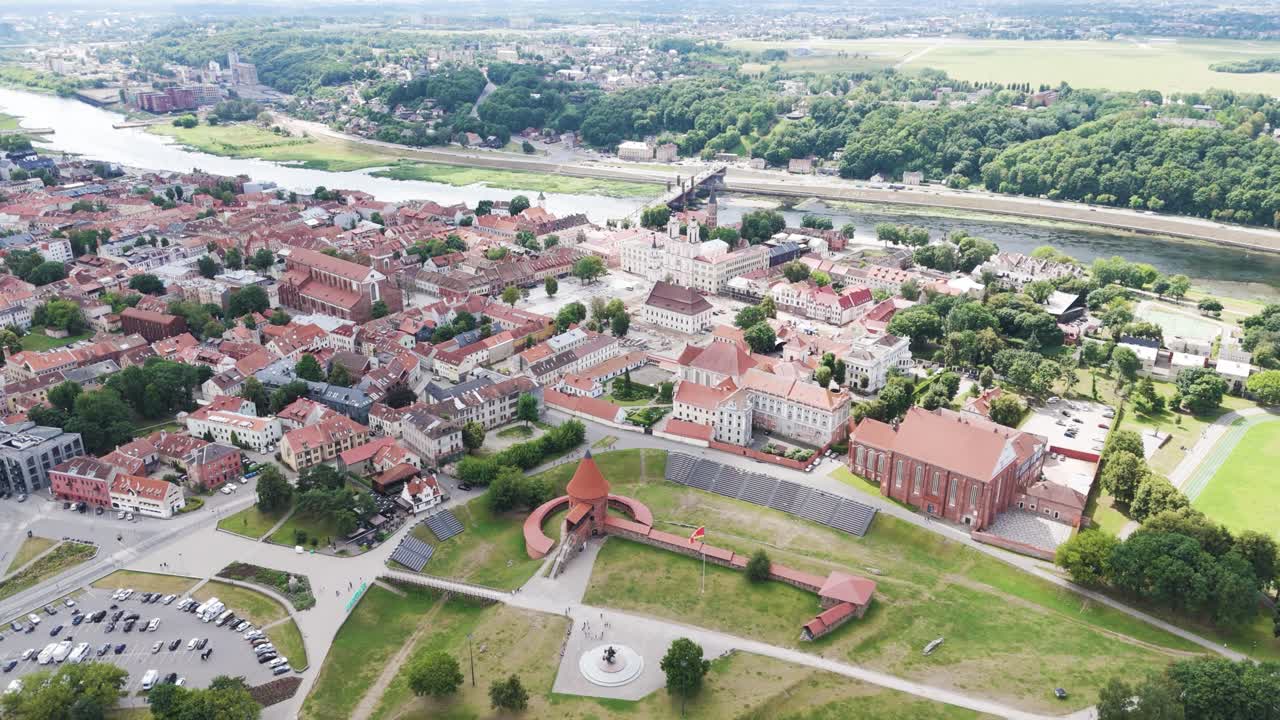 Downtown Kaunas city from high angle aerial view