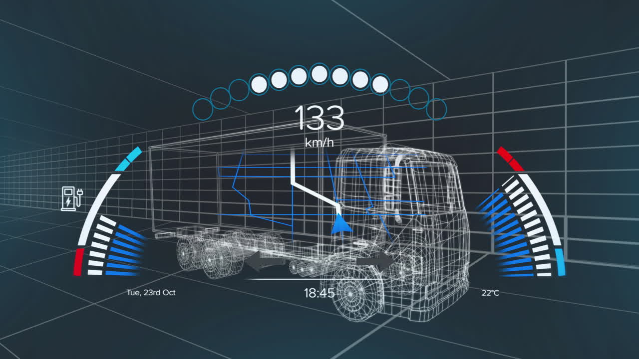Wireframe semi-truck model spinning inside virtual chamber, displaying speed and temperature gauges