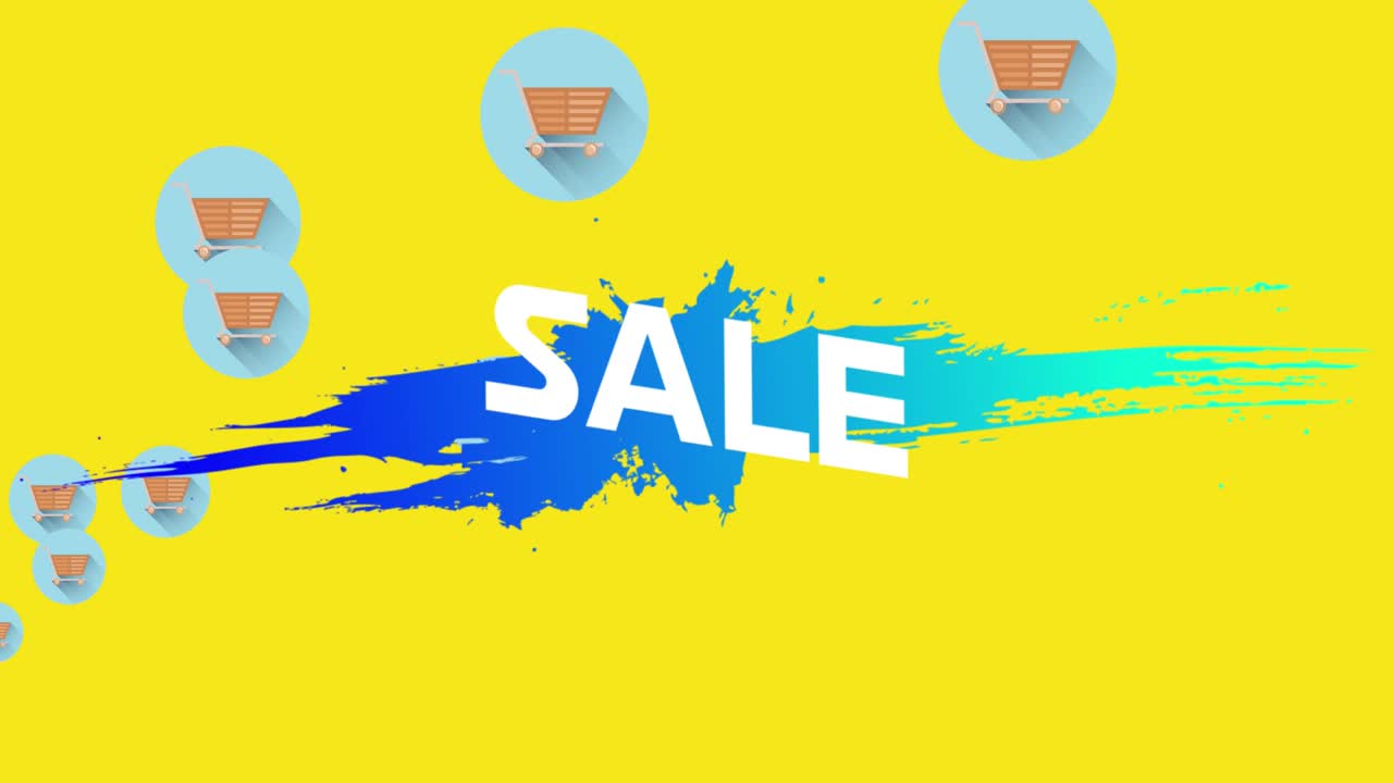 노란색 배경에 쇼핑 트롤리 아이콘에 대한 파란색 스플로드에 판매 텍스트