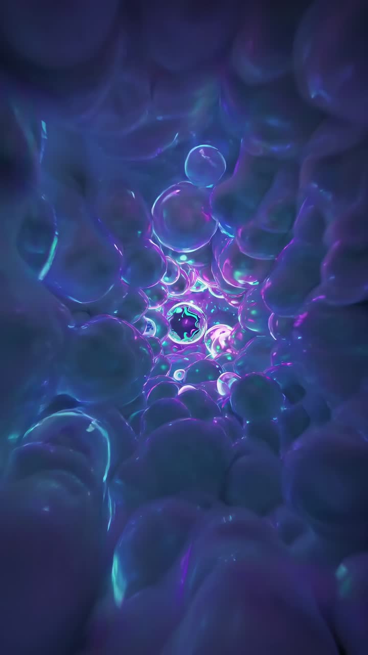 Glowing, multicolored bubbles forming luminous tunnel structure, revealing surreal geometric pattern with vibrant light interplay and dynamic visual depth