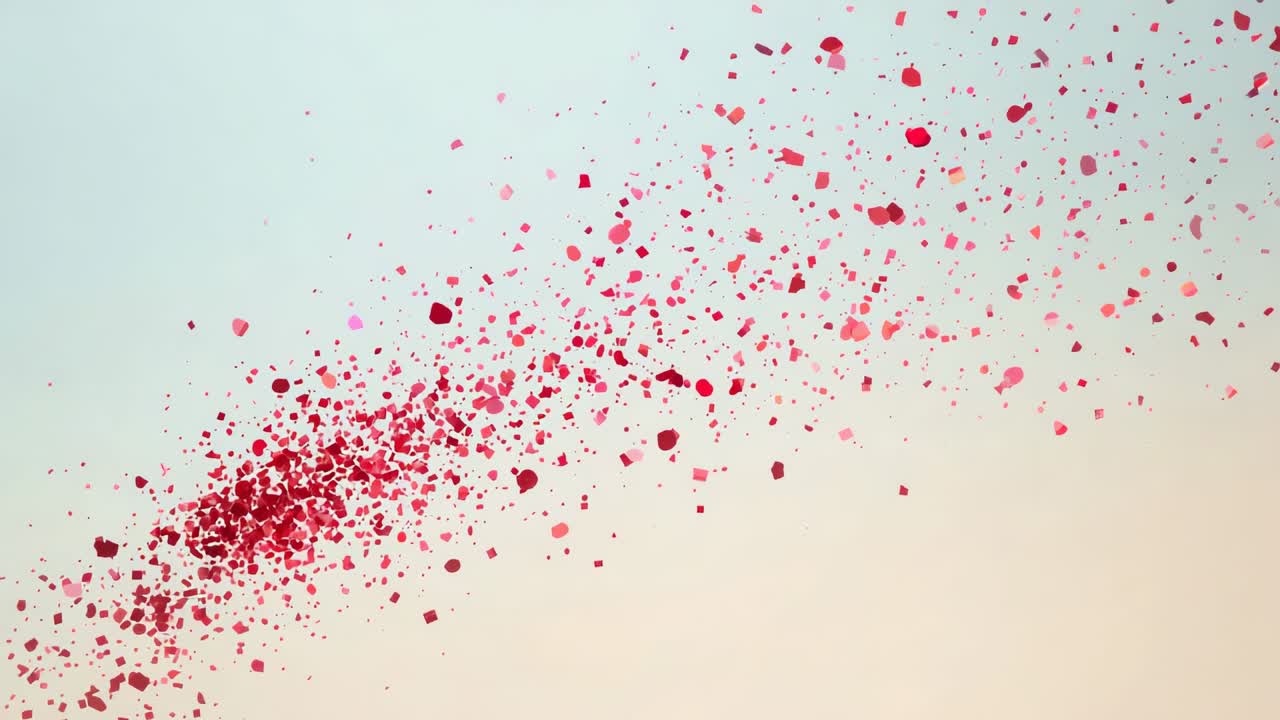Particelle rosse e rosa che esplodono e si diffondono dal basso a sinistra verso l'alto a destra su un gradiente pastello