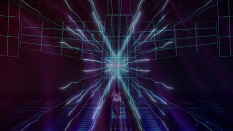 animación de puntos brillantes y rastros de luz con hombre bailando