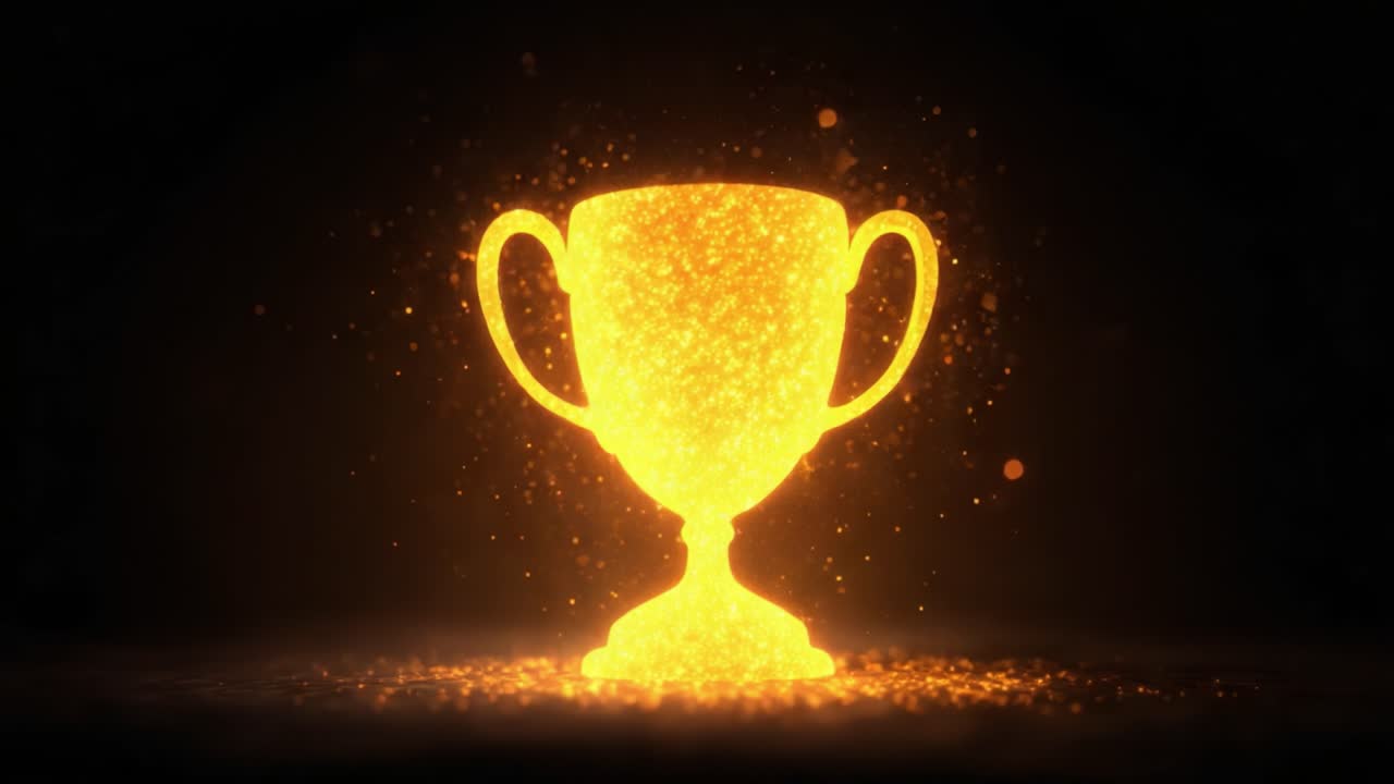 A Stunning Visual Representation of Achievement: A Sparkling Golden Trophy Made of Glitter and Light, Symbolizing Victory, Success, and Celebration Against a Dark Background
