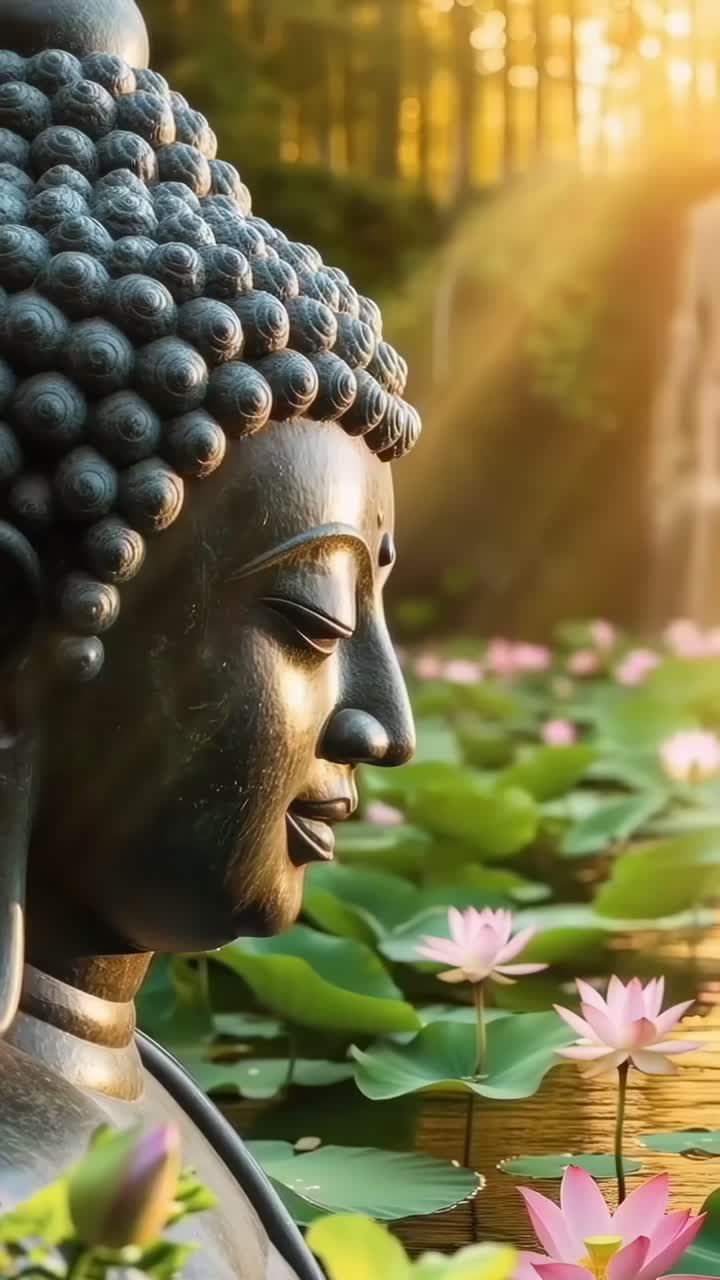 Angolazione video ravvicinata di una serena statua di Buddha con fiori di loto e cascata sullo sfondo.
