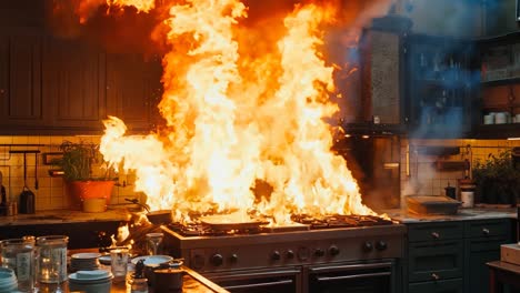 a kitchen with a large fire burning in the middle of it