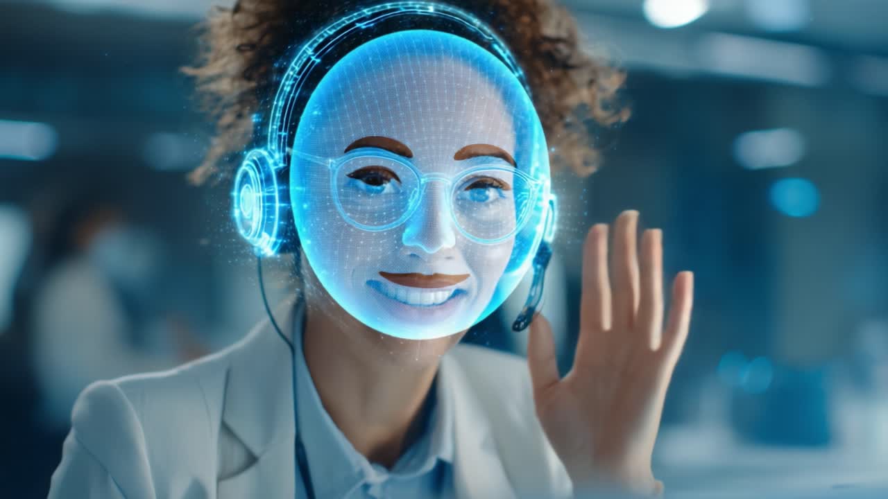 Smiling Woman with Virtual Headset and Enhanced Digital Face Interaction in a Modern Work Environment, Highlighting Innovations in Communication Technology and Virtual Reality Experiences