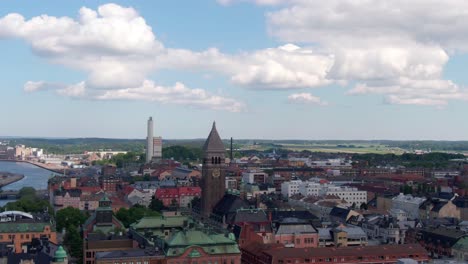 Beautiful-downtown-and-church-tower-of-Norrkoping-city-in-Sweden