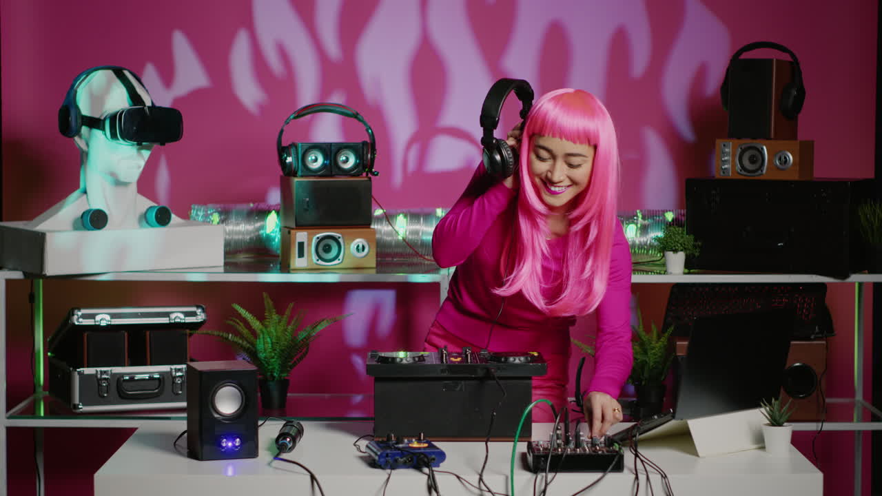 Woman DJ with Pink Hair Mixing Music