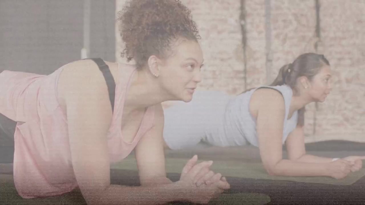 Video verticale: Donne che mantengono la posizione del plank sugli avambracci dopo la lezione in studio, indossando canotte sui tappetini.