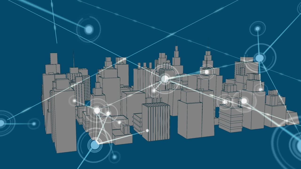 Digital animation of network of connections against 3d city model spinning on blue background