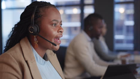 call center, office and black woman with customer