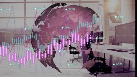 Animation-Der-Datenverarbeitung-über-Einem-Sich-Drehenden-Globus-Vor-Leerem-Büro