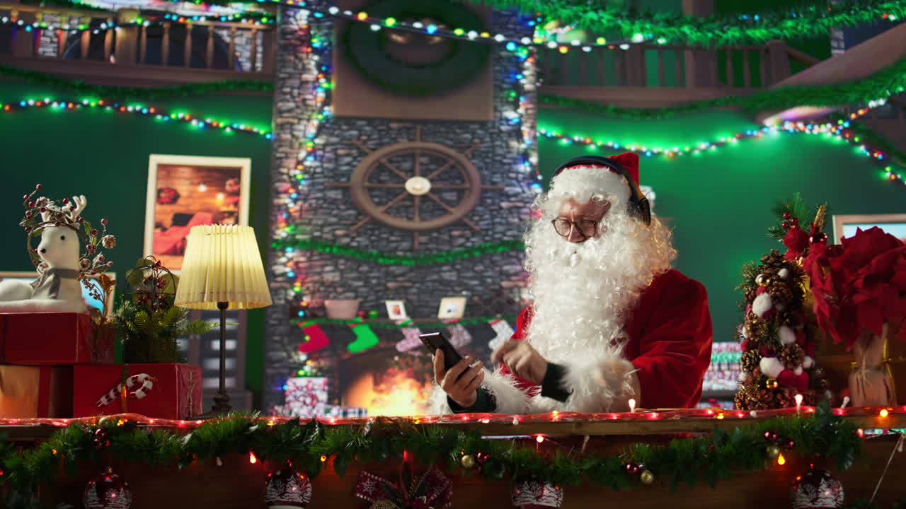 Santa Claus using a smartphone in a festive Christmas setting