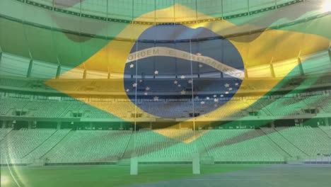 flag blowing in front of a stadium