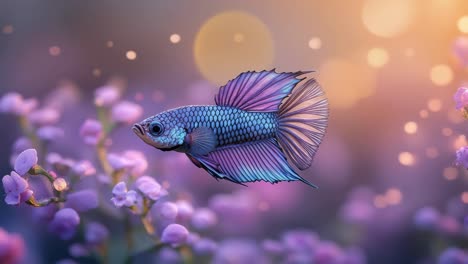 betta fish in flowers. betta fish glides gracefully through a vibrant field of purple flowers, showcasing its bright colors in sunlight.