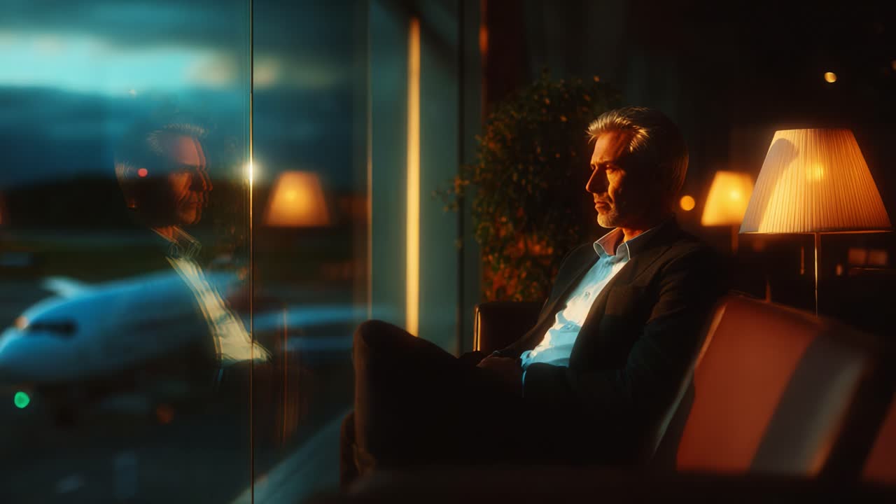 A Thoughtful Contemplation in an Airport Lounge: A Man Staring Out the Window Reflects on Life, Travel, and Memories as the Evening Light Casts Warm Tones Across the Room and His Pensive Expression
