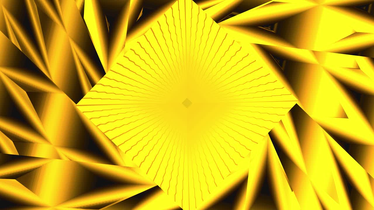 Grafica in movimento astratta dorata e vibrante con un quadrato centrale rotante.