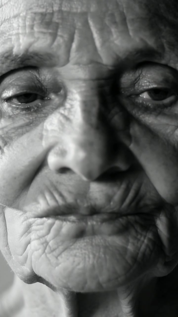Video verticale: Inquadratura di una donna con rughe che sbatte le palpebre e abbassa lo sguardo, con luce laterale da studio, riflessiva.