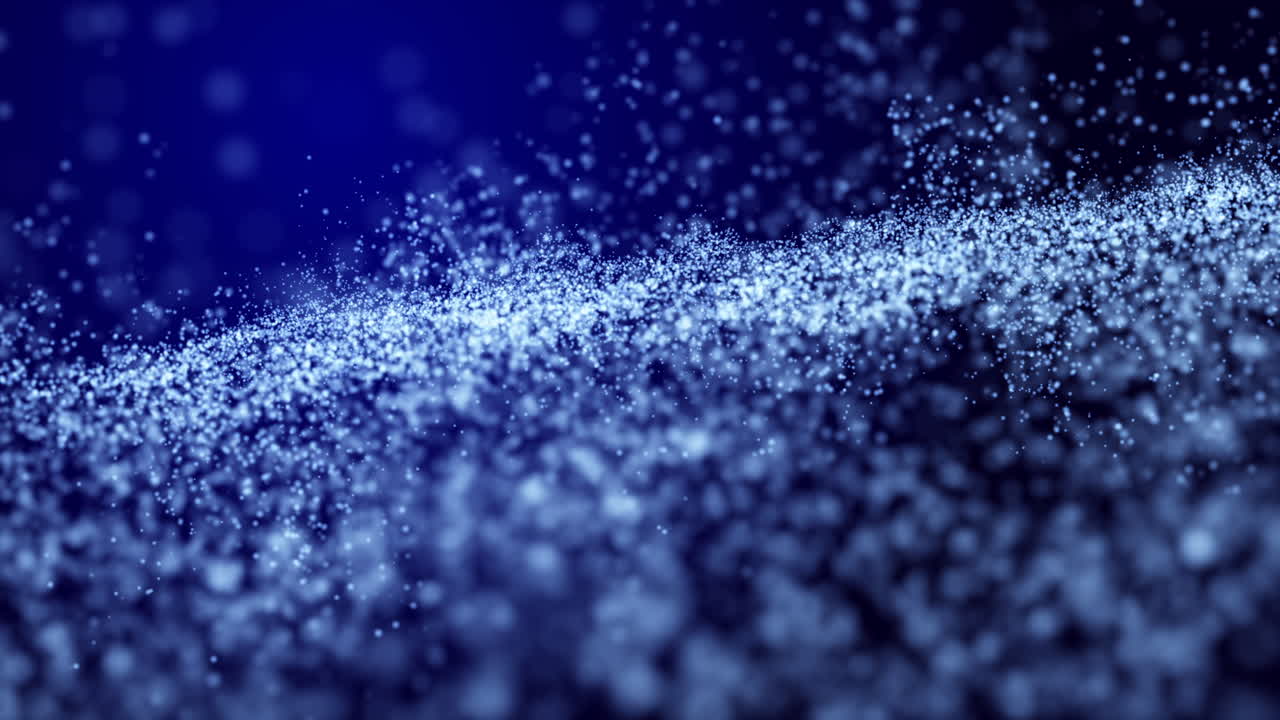 Bright glowing shiny particles chaotically moving on a dark blue background. Looped animation for a festival, club party.