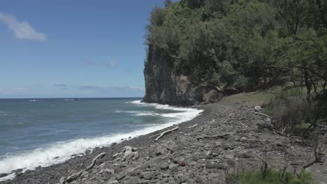 Low-aerial-flight-past-gnarled-driftwood,-Pololu-Valley-beach,-Hawaii