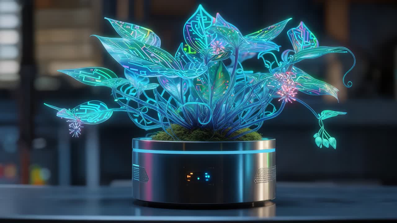 Glowing Transparent Plant in a Futuristic Pot