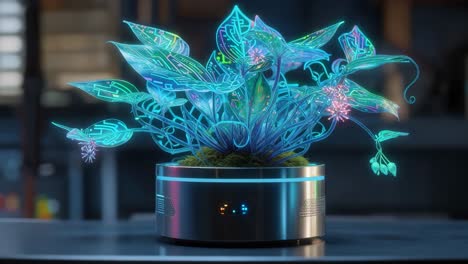 planta transparente brillante en una olla futurista