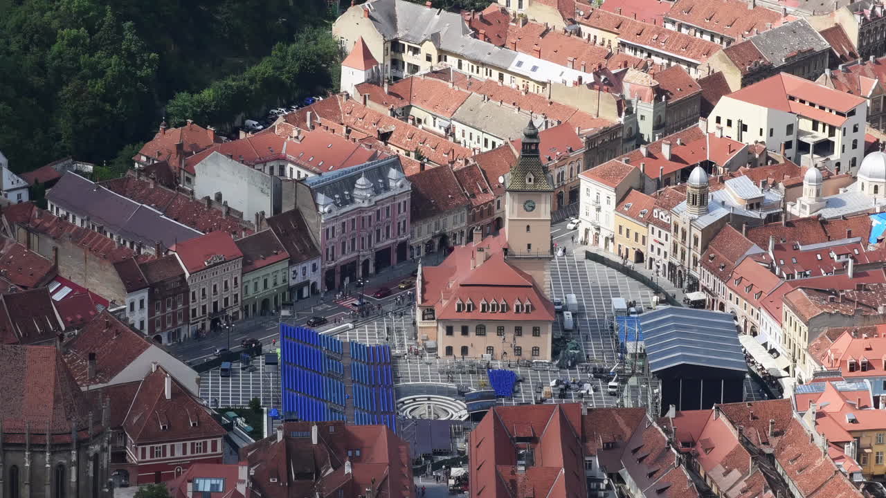 Aerial drone view of The Council Square in the historic center of Brasov, Romania