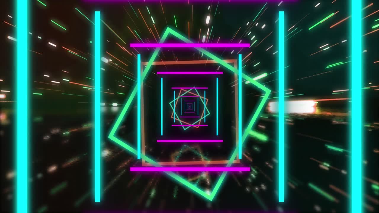 animación de formas de neón que se mueven sobre un fondo negro.