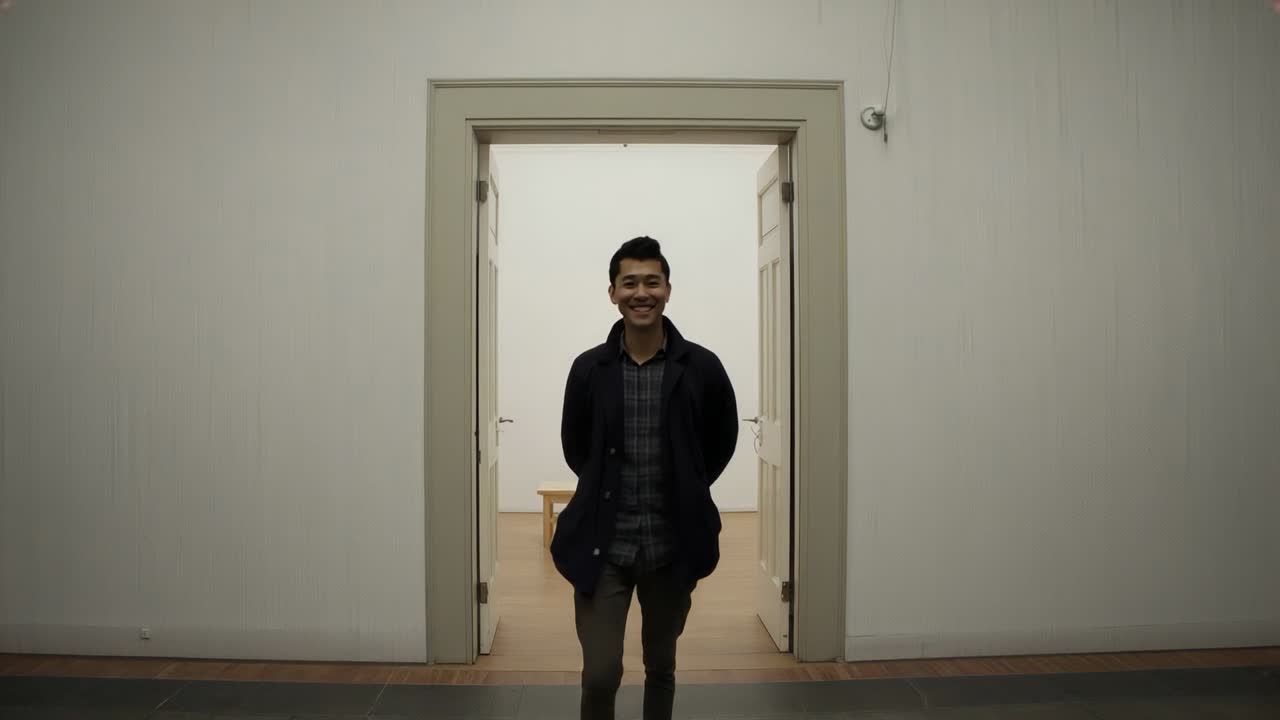 Walking man wearing dark coat stepping toward camera filming in pale doorway, smiling for close up