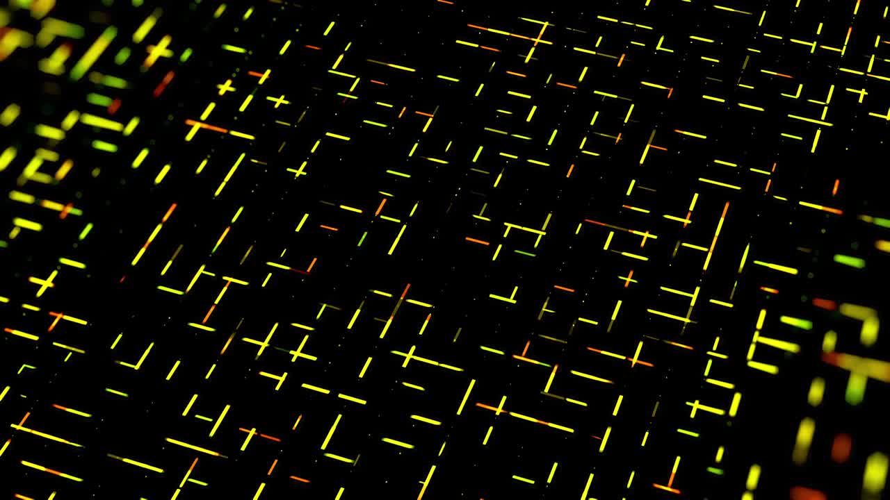 Geometric pattern with short dashes moving fast one by one perpendicular to each other. Animation. Narrow colorful lines crossing and flowing on black background, seamless loop