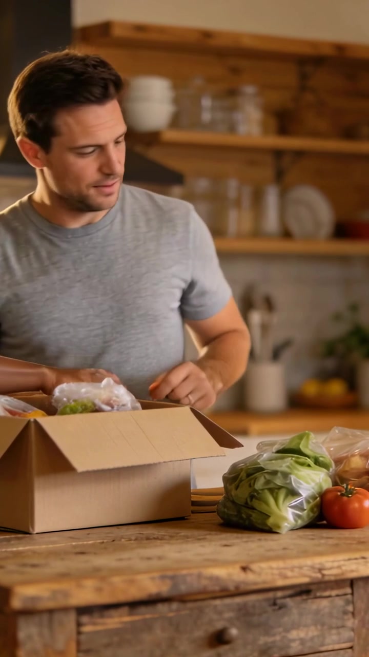 Video vertical: Hombre con camiseta abriendo una caja, sacando productos y recibiendo fruta en una isla de madera.