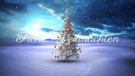 texto frohe weihnachten y nieve cayendo contra el árbol de navidad en el paisaje de invierno