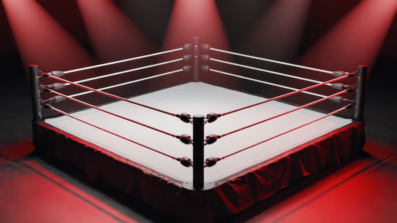 A wrestling ring with red lighting