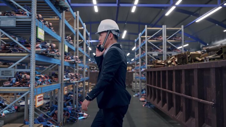 Side View of Asian Businessman Talking On Smartphone While Walking at Industrial Scrap Metal and Recycling Warehouse