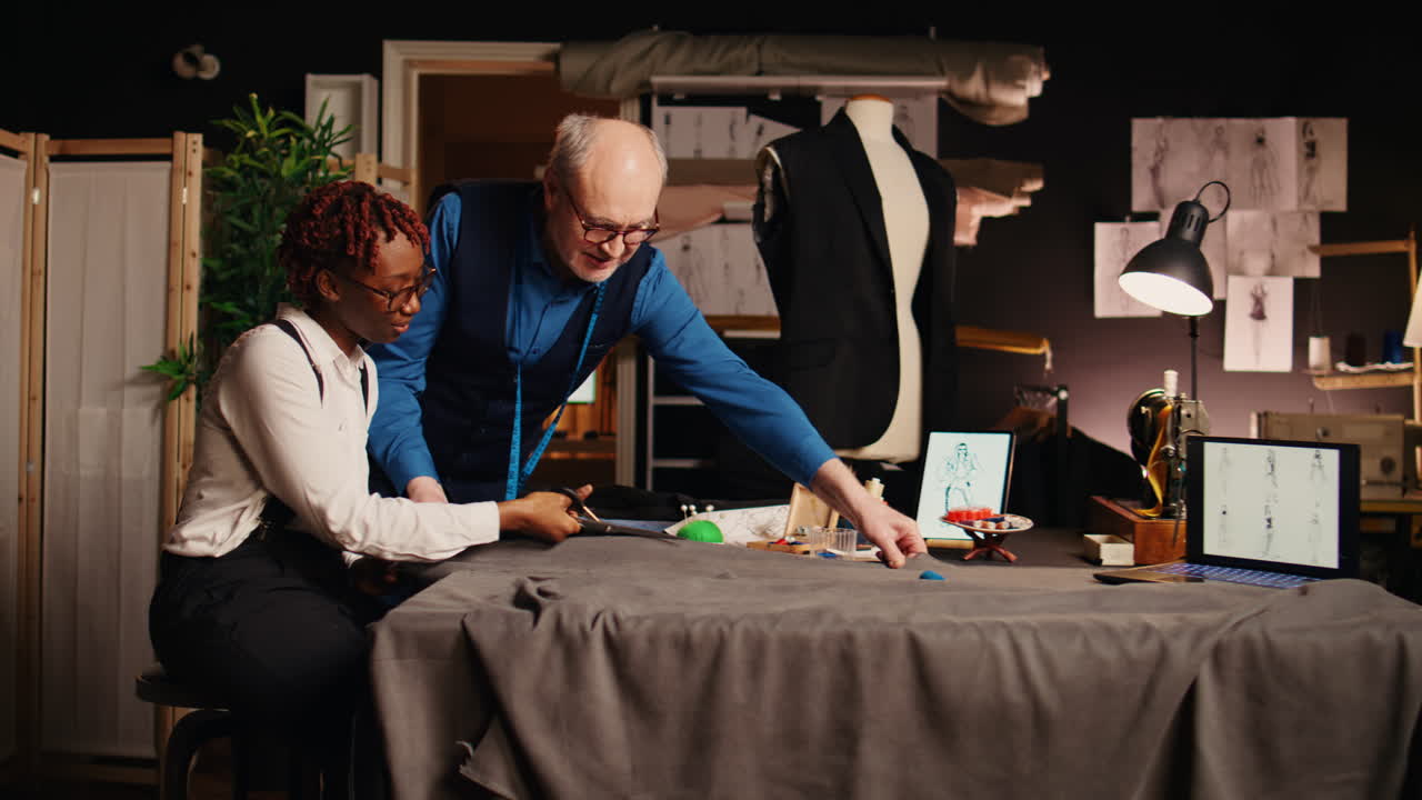 Trainee and craftsman cutting fabric