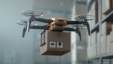 drone delivering package in warehouse