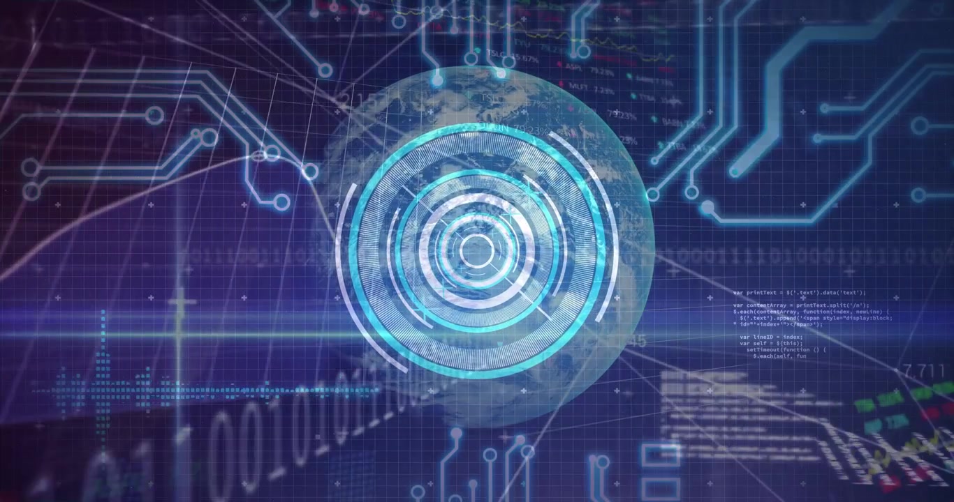 Earth globe rotating, lightbar sweeping tech HUD rings pulsing around tickers scrolling for data