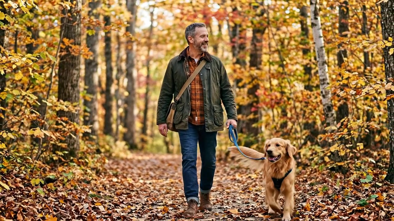 Reifer Mann führt Golden Retriever auf Waldweg im Herbst spazieren