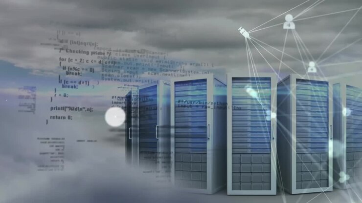 Animation of network of connections with icons over server room and data processing