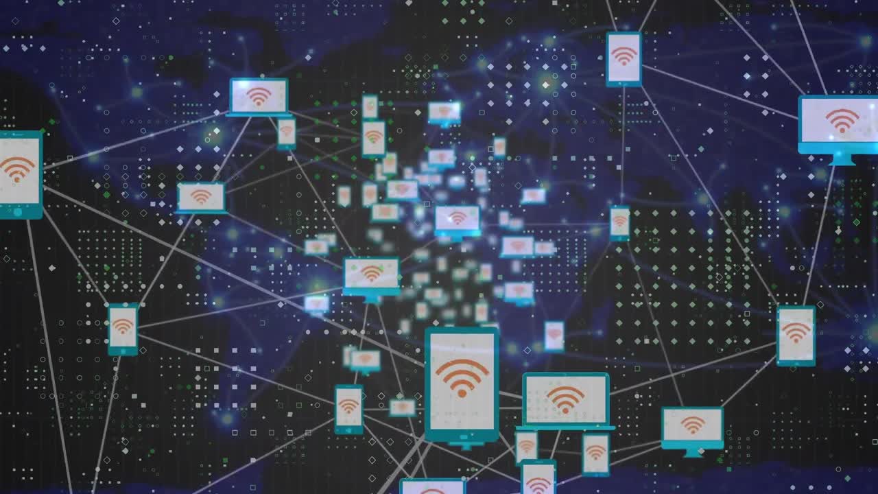 Network of digital icons floating over network of connections on world map against black background