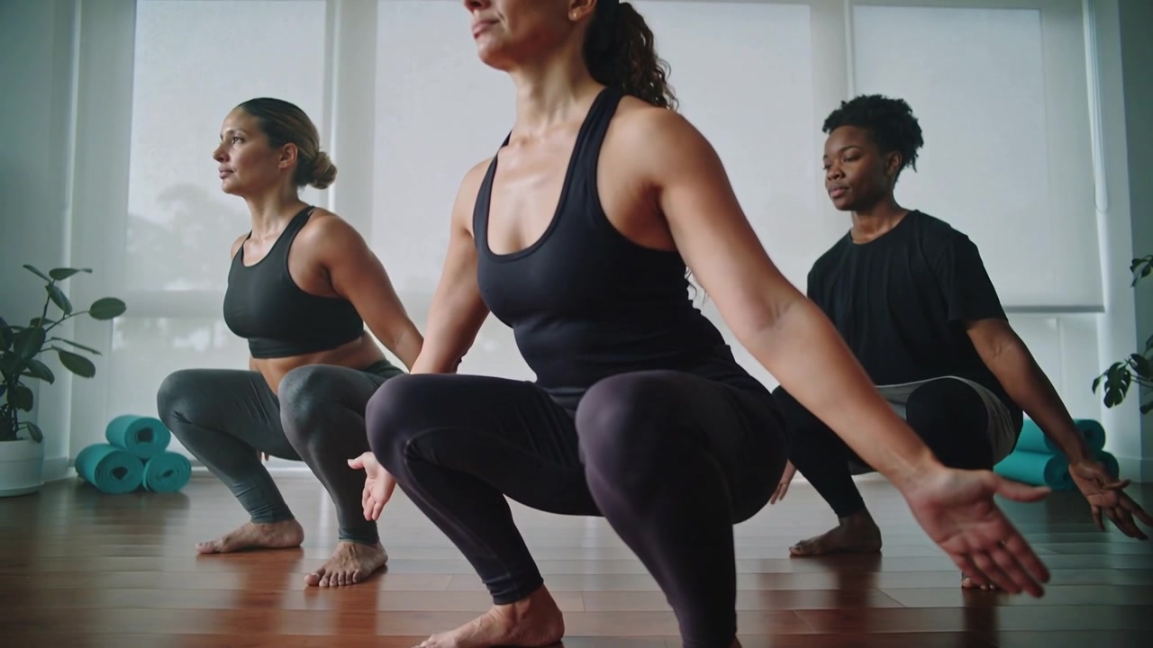 Tre donne che iniziano e si abbassano in uno squat in uno studio per il fitness, quella al centro indossa una canotta nera, tappetini.