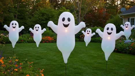 A Delightful Display of Inflatable Ghosts in a Lush Garden, Illuminated Cheerfully Against a Background of Colorful Blooms in a Vibrant Evening Atmosphere