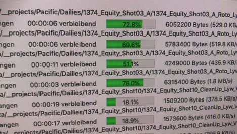 handheld close shot of monitor showing growing upload bars, file names and percentages of a ftp program in german language