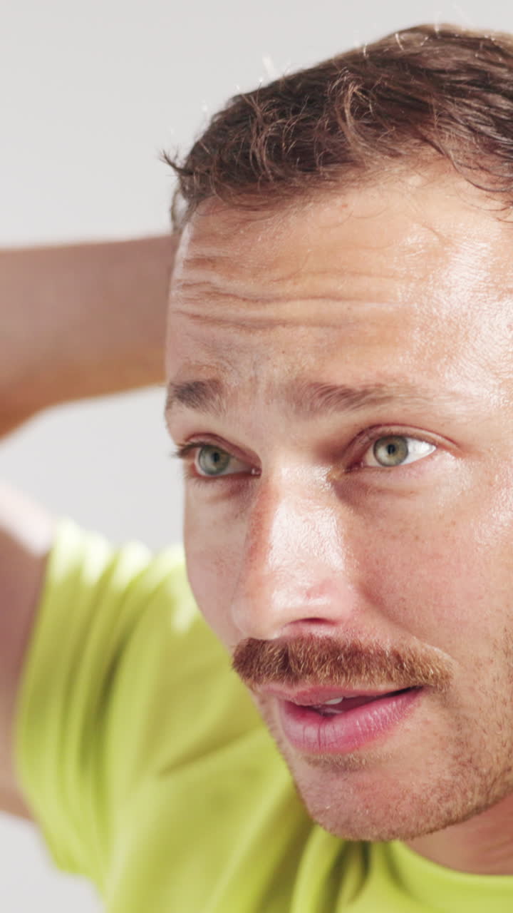 Close Up of Tired Man with Mustache Opening and Closing Eyes