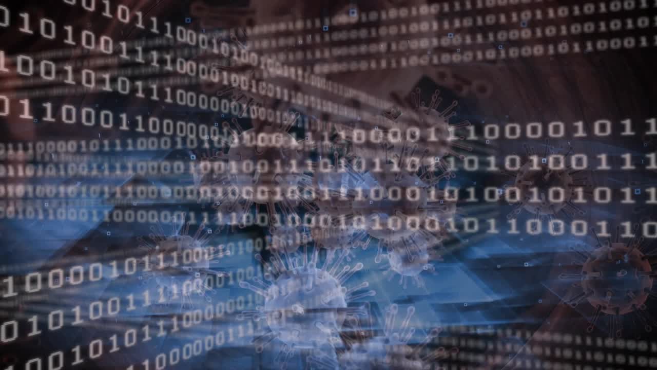 Typing on keyboard activating binary grid scrolling and virus models drifting back for display